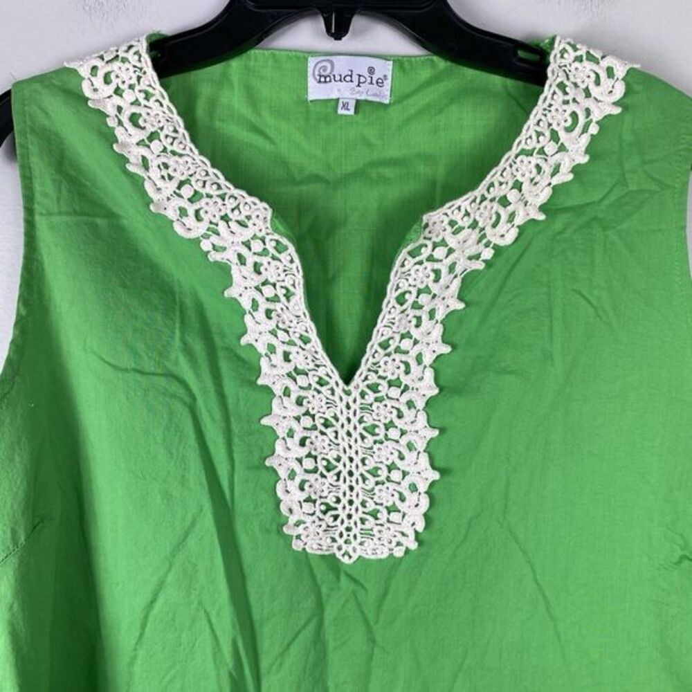 Mud Pie Womens Cotton XL Sleeveless Dress Green Crochet V Neck Beach Cruise - Picture 3 of 9